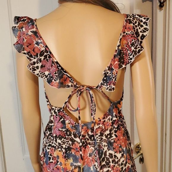 NEW NWT Free People Deep V-Neck Tie Back Sexy Floral Anumal Print Mini Dress XS - Picture 4 of 14